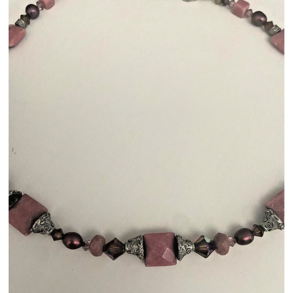 Handcrafted Pink Rhodonite And Crystal Beaded Necklace Silver Tone Lobster Clasp - Picture 2 of 3